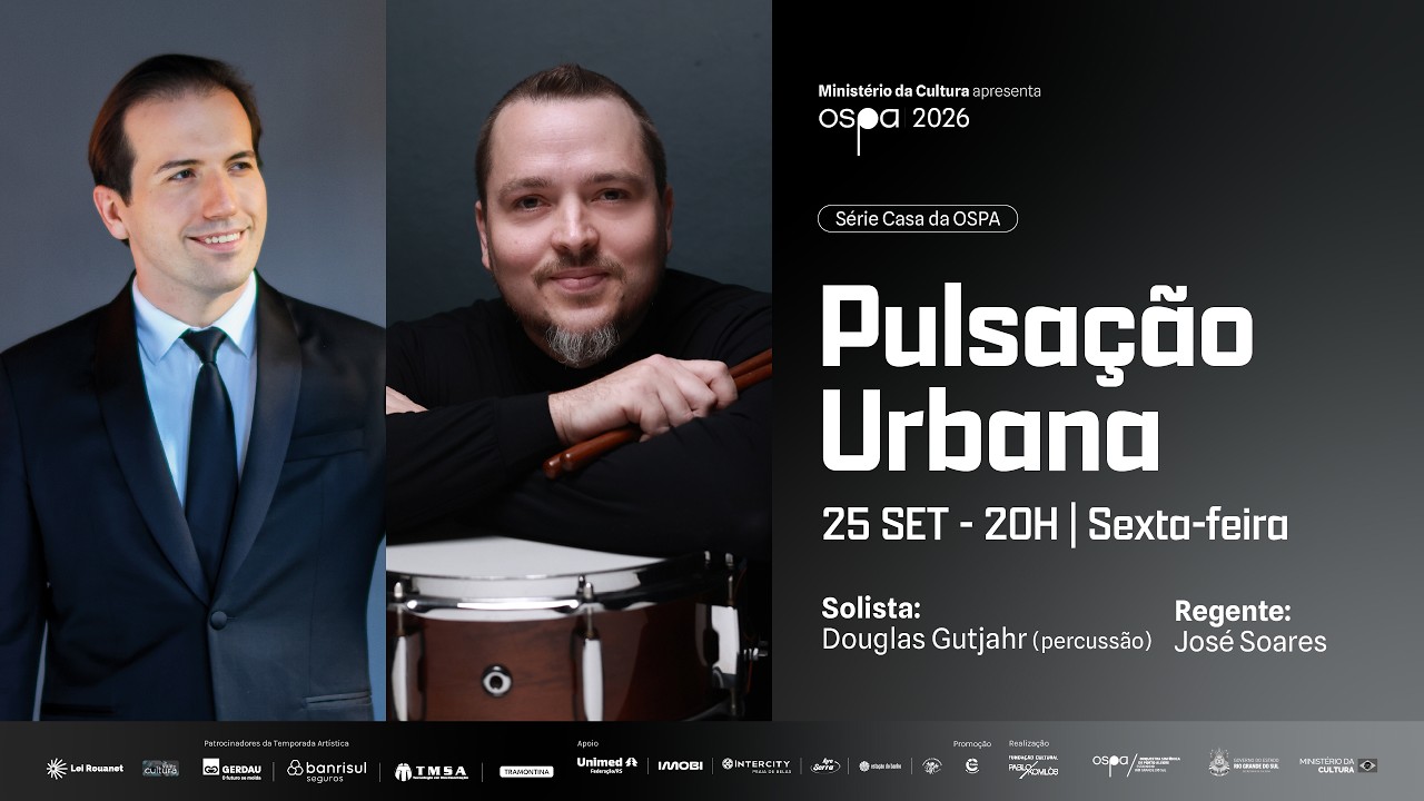 Sob a reg&ecirc;ncia de Jos&eacute; Soares, a OSPA apresenta &ldquo;Pulsa&ccedil;&atilde;o Urbana&rdquo;, um concerto que coloca a percuss&atilde;o em evid&ecirc;ncia. O timpanista Douglas Gutjahr &eacute; o solista da estreia sul-americana de &ldquo;Dichotomous Figures&rdquo;, de R. Aaron Walters. O programa tamb&eacute;m re&uacute;ne &ldquo;Internet Symphony, &lsquo;Eroica&rsquo;&rdquo;, de Tan Dun; &ldquo;Petrushka&rdquo;, de Igor Stravinsky; e as &ldquo;Gymnop&eacute;dies&rdquo;, de Erik Satie, em orquestra&ccedil;&atilde;o de Claude Debussy.



AVISO: Em cumprimento &agrave; Lei Eleitoral (Lei n&ordf; 9504/1997), o hist&oacute;rico de v&iacute;deos deste canal ficar&aacute; temporariamente arquivado.


Saiba mais sobre o concerto:

https://ospa.rs.gov.br/ospa-combina-estreias-de-obras-contemporaneas-com-classicos-de-stravinsky-e-satie-no-concerto-pulsacao-urbana



Confira a programa&ccedil;&atilde;o da Temporada OSPA 2026 em ospa.rs.gov.br/agenda 



Programa:


Tan Dun : Internet Symphony (Eroica)

- Allegretto

- Dolce Molto

- Allegro

- Allegro Vivace


Erik Satie : Gymnop&eacute;dies*

     Orquestra&ccedil;&atilde;o de Claude Debussy

- Lent et grave

- Lent et douloureux


Intervalo


R. Aaron Walters : Dichotomous Figures &ndash; Concerto para percuss&atilde;o                    


Igor Stravinsky | Petrushka (vers&atilde;o de 1947)

 - A Feira de Carnaval

 - A Cela de Petrushka

 - A Cela do Mouro

 - A Feira de Carnaval (Ao Entardecer)



Apresenta&ccedil;&atilde;o: Orquestra Sinf&ocirc;nica de Porto Alegre

Solista: Douglas Gutjahr (percuss&atilde;o)

Regente: Jos&eacute; Soares