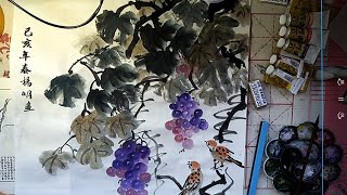 Traditional brush painting : Grapes & Birds