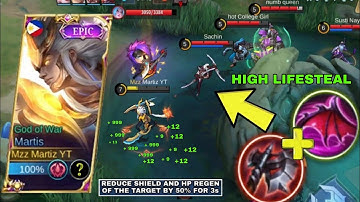 MARTIS NEW DOUBLE RED HIGH LIFESTEAL ONE SHOT BUILD 100% OP IN HIGH RANK MARTIS BEST BUILD MLBB 2022