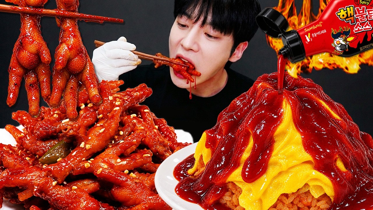 ASMR MUKANG | 불닭 요리 대결 먹방 & 레시피 불닭 닭발 vs 불닭 화산 Fire Chicken Feet VS Volcano Egg Omelet