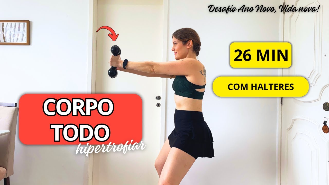 Dia 2: Treino Corpo Todo com Halteres (26 Min) | Treino em Casa para Glúteos, Posterior e Tríceps