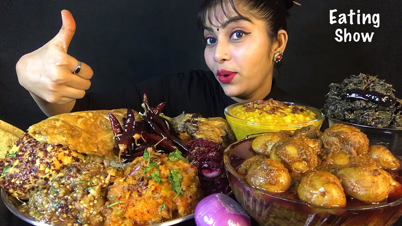 EATING 4 TYPES BHARTA RICE DAAL DUM ALOO OMELET SAAG | BIG BITES | ASMR MUKBANG | FOOD EATING SHOW
