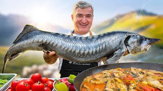 Cooking 15 kg sturgeon | FISH ON FIRE | Whole GIANT sturgeon | Ancient recipe of Azerbaijan