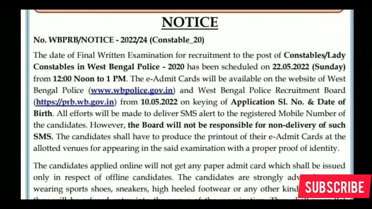 WBP 2020 constable lady constable main exam date OFFICIALLY ANNOUNC