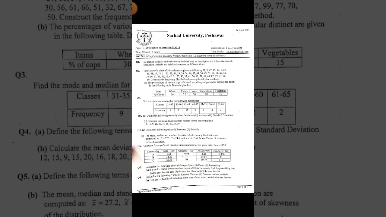 Sarhad University Past Paper | Introduction to Statistics | Code : MA-310 | Fall-2024