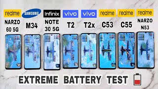 Realme narzo 60 vs samsung m34 5g vs infinix note 30 vs Vivo t2 vs t2x vs C53 battery drain test