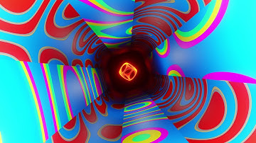 Abstract multicolored tunnel with glowing orange cube in the center.Free VJ Looped Animation 4K