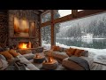 Soothing jazz music in a cozy living room space  snowy scene and fireplace sound for relaxation