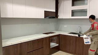 Techniques Kitchen Cloudy White  Granite Install On Synthetic Plastic Frame   Complete Cooking Table