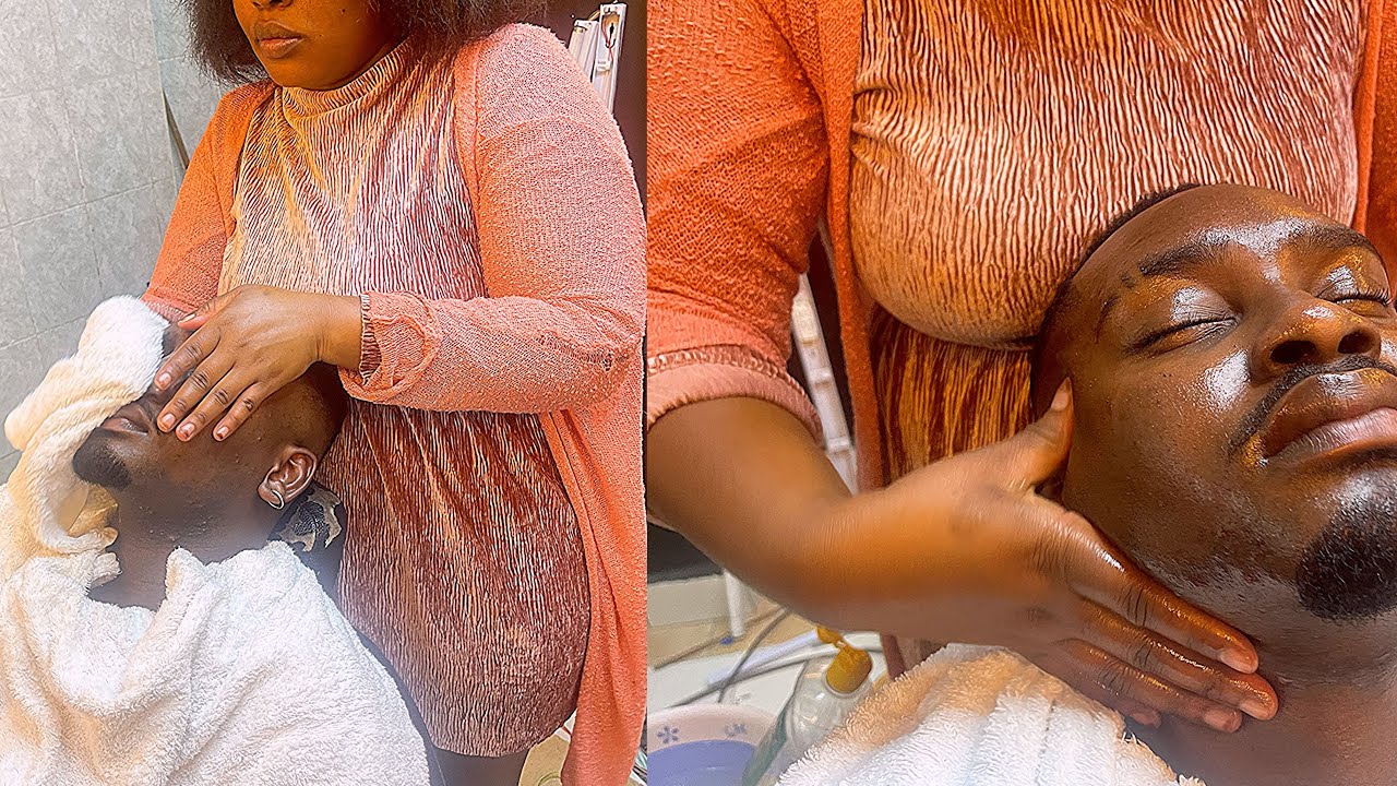 ASMR: men’s skincare / scalp massage, face scrub, hot towels and steaming in unfinished barbershop🔥🪄