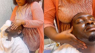 ASMR: men’s skincare / scalp massage, face scrub, hot towels and steaming in unfinished barbershop🔥🪄