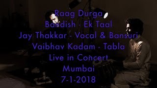 Raag durga is a pleasant yet powerful melody of early night. we
present composition set to ek taal (12 beat cyclic rhythm) in this
beautiful raag. jay thak...
