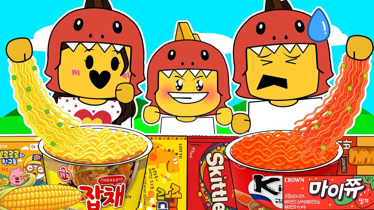 Dino Kid Family Convenience Store Red Yellow Food Mukbang | 99 Nights in the Forest Animation