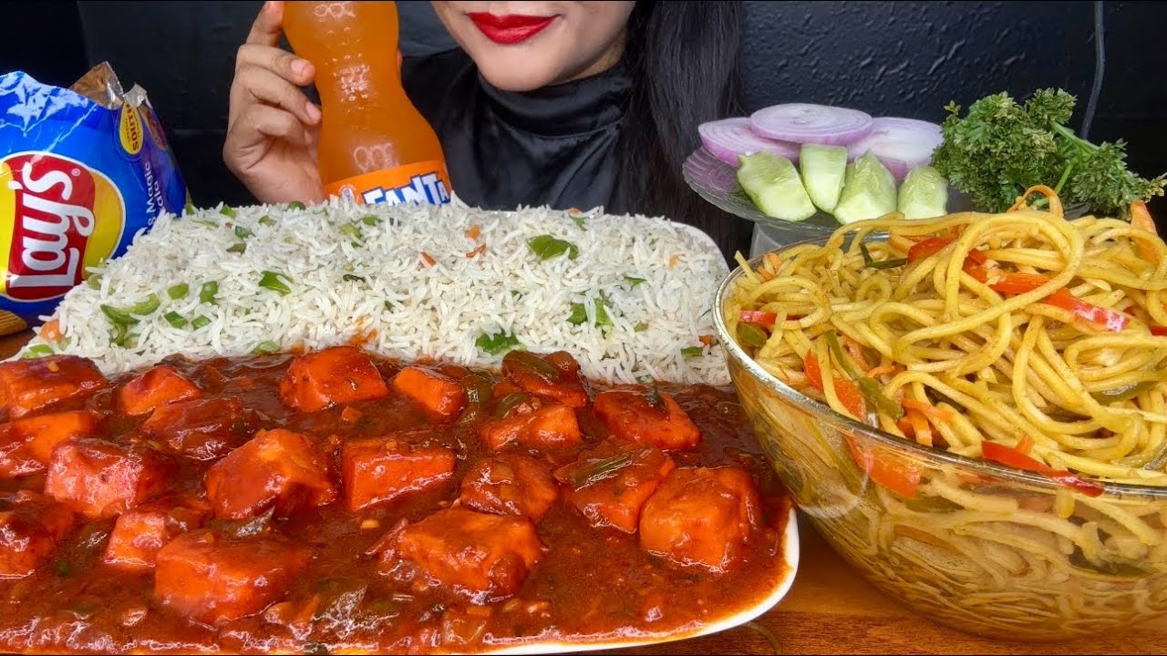 ASMR EATING HAKKA NOODLES,CHILLI PANEER GRAVY,VEG FRIEDRICE,LAYS MASALA CHIPS *FOOD VIDEOS*