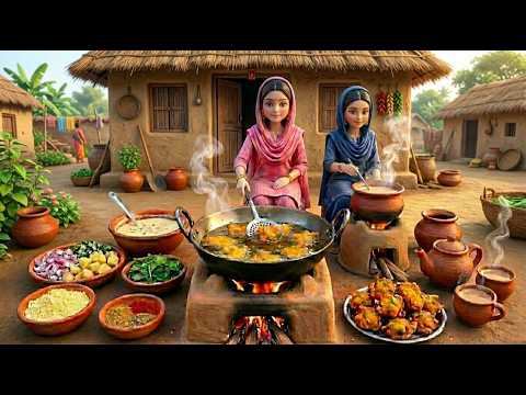 Twins miniature dolls cooking palak pakore aur ginger milk tea in village |Tiny Indian kitchen ASMR