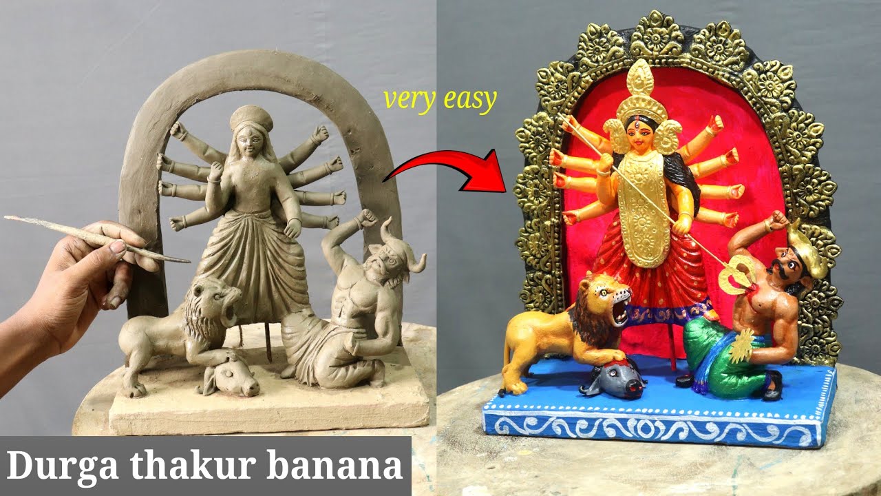Small Durga murti making & coloring very easy with clay Part 2 | Durga thakur banano