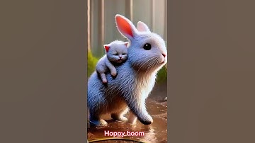 A rabbit sits on a cat