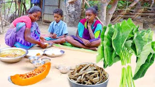 taro leaves curry with dry fish &amp; pumpkin fry recipe prepared by santali tribe mother||village life