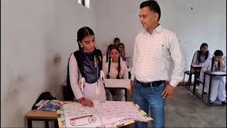 A Girl student explaining her project on the prescribed theme Gandhian Philosophy to the expert.