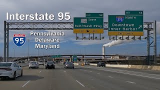 Interstate 95 in Pennsylvania, Delaware & Maryland (i-95 Philadelphia - Baltimore - Washington DC)
I-95 south in PA DE and MD.
Map data credit: © OpenStreetMap contributors
* The information presented in the overlay is for demonstration purpose only.
00:00:00 start
00:00:20 Scudder Falls Bridge (Delaware River )
00:00:47 10: New Hope, Yardley (Bucks, PA)
00:02:54 8: PA 332 – Newtown, Yardley
00:05:24 5: US 1 – Trenton, Langhorne
00:07:18 3: US 1 Bus. / PA 413 – Penndel, Levittown
00:09:37 1: To PA 413 – Bristol
00:09:57 40: I-295 east – Trenton
00:10:13 39: PA 413 – Bristol
00:12:58 37: PA 132 west (Street Road) to US 13 (Bristol Pike)
00:14:19 35: PA 63 west (Woodhaven Rd)
00:16:29 32: Academy Rd / Linden Ave (Philadelphia, PA)
00:18:12 30: PA 73 (Cottman Ave)
00:20:28 27: Bridge St / Harbison Ave
00:21:13 26: To Route 90 (Betsy Ross Bridge) / Aramingo Ave
00:22:52 25: Allegheny Ave / Castor Ave
00:23:55 23: Girard Ave / Delaware Ave
00:25:02 22: I-676 / US 30 / Callowhill St – Central Philadelphia
00:26:25 20: Columbus Boulevard / Washington Ave
00:28:11 19: I-76 east (Walt Whitman Bridge) / Packer Ave
00:29:54 17: PA 611 north (Broad St) / Pattison Ave
00:31:20 Girard Point Bridge
00:32:27 15: Enterprise Ave / Island Ave
00:32:58 14: Bartram Ave / Essington Ave
00:33:27 12A-B: 12A: Philadelphia International Airport; 12B: PA 291 (Bartram Ave) – Cargo City
00:36:51 9: PA 420 – Essington, Prospect Park (Delaware, PA)
00:38:07 8: Ridley Park
00:39:13 7: I-476 north – Plymouth Meeting
00:40:04 6: PA 320 (Providence Ave) / PA 352 (Edgmont Ave / Ave of the States)
00:41:41 4: US 322 east to PA 291
00:42:44 3B: Highland Ave
00:42:50 3A: US 322 west – West Chester
00:43:42 2: PA 452 (Market St)
00:44:06 1: Chichester Ave
00:45:04 11: I-495 south – Port of Wilmington, Baltimore
00:45:10 PA DE State Line
00:48:35 9: DE 3 (Marsh Rd) (New Castle, DE)
00:50:21 8: US 202 north (Concord Pike) – Wilmington, West Chester
00:51:38 7: DE 52 (Delaware Ave)
00:52:12 6: DE 4 / Martin Luther King Jr. Boulevard (DE 48) / DE 9 (Fourth St)
00:54:31 5C: I-295 north to N.J. Turnpike
00:55:33 5B: DE 141 north – Newport
00:55:47 5A: US 202 south / DE 141 south to US 13 – New Castle
00:57:41 4B: DE 7 north / DE 58 – Churchmans Crossing
00:57:55 4A: DE 1 south / DE 7 south / Mall Rd – Christiana, Dover, Beaches
00:59:00 3: DE 273 – Newark, Dover
00:59:59 Biden Welcome Center
01:03:43 1: DE 896 – Newark, Middletown
01:04:42 Newark Toll Plaza: Newark Toll Plaza
01:05:57 DE MD State Line:
01:06:26 109: MD 279 – Elkton, Newark DE (Cecil, MD)
01:13:17 100: MD 272 – North East, Rising Sun
01:19:58 93: MD 222 – Perryville, Port Deposit
01:21:51 Millard Tydings Bridge (Susquehanna River, MD)
01:23:47 89: MD 155 – Havre de Grace (Harford, MD)
01:27:19 85: MD 22 – Aberdeen, Churchville
01:30:55 80: MD 543 – Belcamp
01:33:50 77: MD 24 / MD 924 (Emmorton Rd) / Tollgate Rd – Edgewood, Bel Air
01:35:46 74: MD 152 – Joppa, Fallston
01:41:30 67: MD 43 – White Marsh, Middle River (Baltimore, MD)
01:43:39 64: I-695 – Essex, Towson
01:46:33 62: I-895 south (Baltimore Harbor Tunnel Thruway) – Annapolis
01:48:26 59: MD 150 (Eastern Ave)
01:49:32 57: ODonnell St
01:50:24 56: Keith Ave
01:51:01 Fort McHenry Tunnel Toll Plaza
01:51:35 Fort McHenry Tunnel under Patapsco River
01:53:02 55: Key Highway (MD 2 Truck) – Fort McHenry National Monument
01:54:18 53: I-395 north – Downtown, Inner Harbor
01:54:31 52: MD 295 south (Baltimore–Washington Parkway)
01:56:08 50: Caton Ave (US 1 Alt.)
01:57:27 49: I-695 to I-70 – Glen Burnie, Key Bridge, Annapolis, Towson
01:59:26 47: I-195 east / MD 166 north – BWI Airport, Catonsville
02:02:59 43: MD 100 – Glen Burnie, Ellicott City (Howard, MD)
02:04:26 41: MD 175 – Jessup, Columbia
02:06:37 38: MD 32 – Fort Meade, Columbia
02:10:29 35: MD 216 – Laurel, Scaggsville
02:12:43 33: MD 198 – Laurel, Burtonsville (Prince Georges, MD)
02:13:03 31-32: MD 200 Toll to US 29 / I-270 / US 1 / Konterra Drive (MD 206)
02:15:58 29: MD 212 – Beltsville, Calverton
02:17:35 27: I-495 west (Capital Beltway) / Park and Ride – Silver Spring
02:19:10 25: US 1 (Baltimore Ave) – Laurel, College Park
02:20:16 24: Greenbelt Station
02:21:01 23: MD 201 (Kenilworth Ave) – Greenbelt, Bladensburg
02:21:46 22: Baltimore–Washington Parkway (MD 295)
02:23:56 20: MD 450 (Annapolis Rd) – Lanham, Bladensburg
02:24:41 19: US 50 (I-595 east / John Hanson Highway) – Annapolis, Washington, New Carrollton Station
02:26:41 17: MD 202 (Landover Rd) – Upper Marlboro, Bladensburg
02:27:23 16: Arena Drive (MD 202F)
02:28:16 15: MD 214 (Central Ave) – Largo, Seat Pleasant
02:29:41 13: Ritchie–Marlboro Rd (MD 221A) – Upper Marlboro, Capitol Heights
02:31:54 11: MD 4 (Pennsylvania Ave) – Upper Marlboro, Washington
02:33:02 9: MD 337 (Allentown Rd) – Andrews AFB, Morningside
02:34:46 7: MD 5 (Branch Ave) – Waldorf, Silver Hill
02:37:04 4: MD 414 (St. Barnabas Rd) – Oxon Hill, Marlow Heights
02:38:25 3: MD 210 – Indian Head, Forest Heights
02:39:18 2: I-295 north – Washington, National Harbor
02:40:36 Woodrow Wilson Memorial Bridge (Potomac River, MD) Interstate 95 in Pennsylvania, Delaware & Maryland (i-95 Philadelphia - Baltimore - Washington DC)