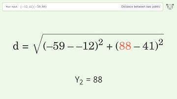 Find the distance between two points p1 (-12,41) and p2 (-59,88): Step-by-Step Video Solution