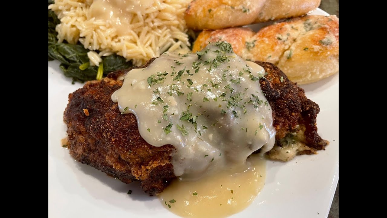 SPINACH AND 3 CHEESE STUFFED CHICKEN BREASTS WITH ORZO AND GARLIC PARMESAN BREAD TWISTS