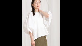 【シルエット】Ｃ異素材ランタンスリーブ５分袖カットソー