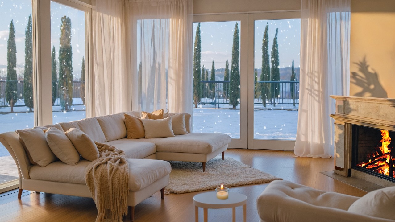 Winter Piano Music in a Peaceful White Room | Snowy Window View and Warm Fireplace Glow for 3 Hours