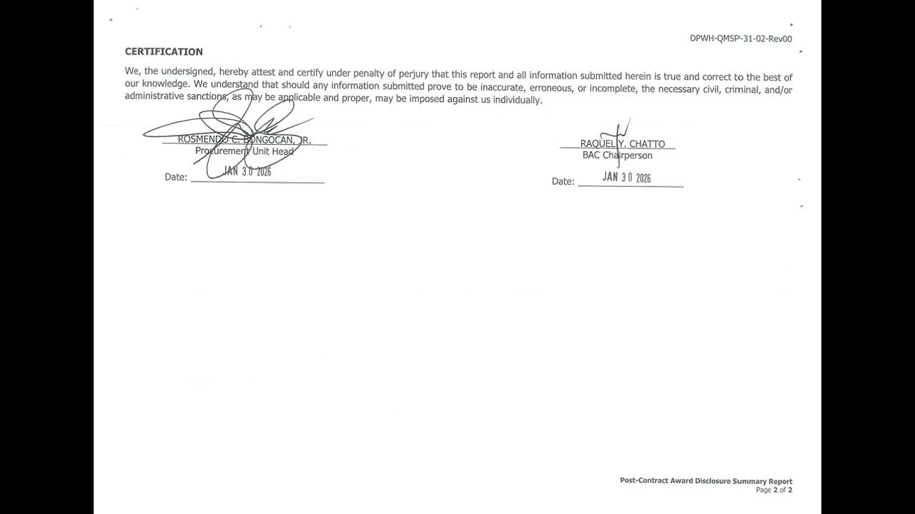 Post-Contract Award Disclosure Report for DPWH Bukidnon 1st DEO – January 2026