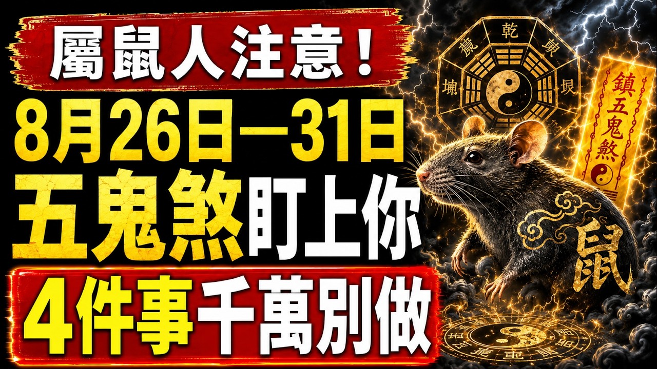 屬鼠人注意!8月26號到31號「五鬼煞」盯上你了!這4件事千萬別做,小心破財又招小人#生肖運勢 #2026生肖運勢 #屬鼠運勢 #五鬼煞 #沖太歲 #財運 #破財 #小人 #十二生肖 #易經 #國學 縮圖
