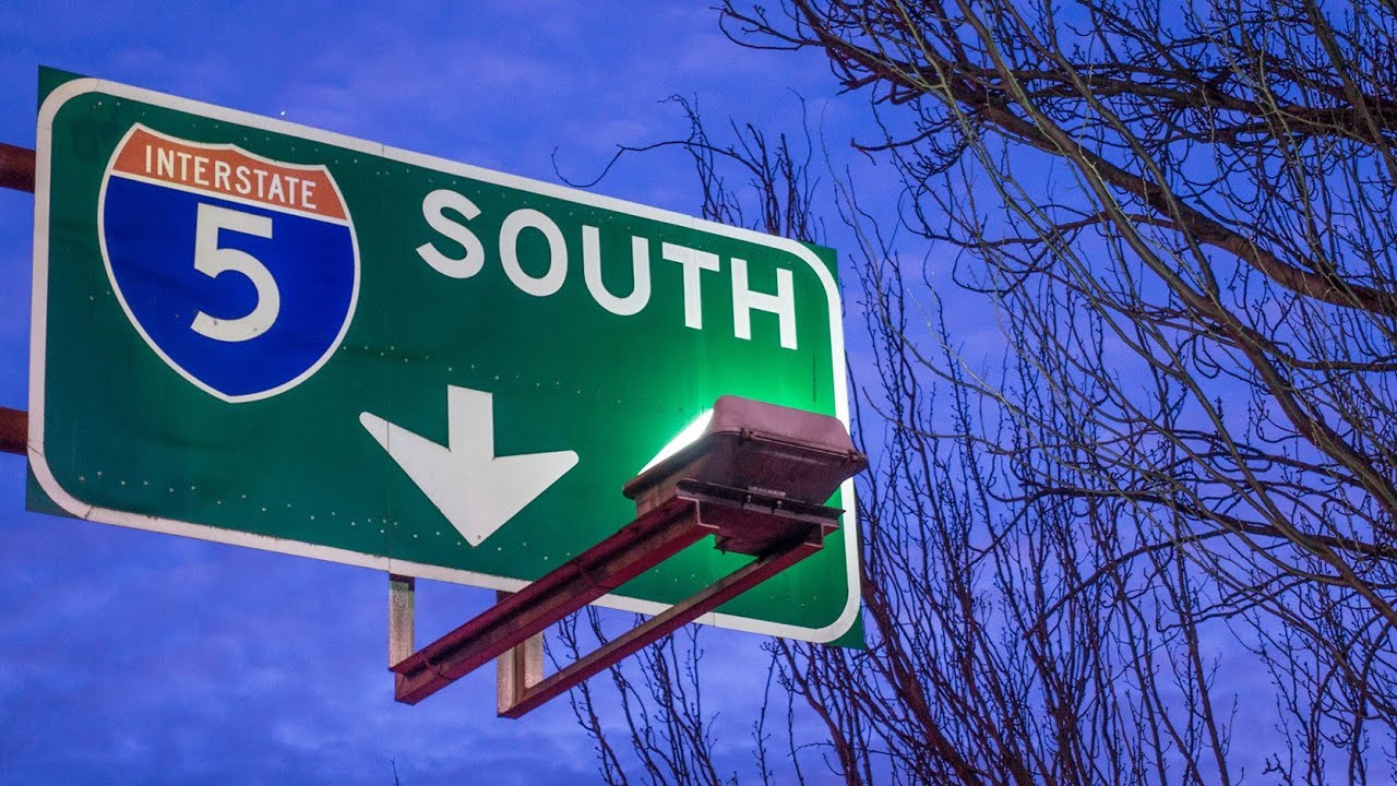 Freeway I-5 Thru Countryside Seattle Puget Sound Car Drive 169 Miles [265.5 Km] Washington State USA