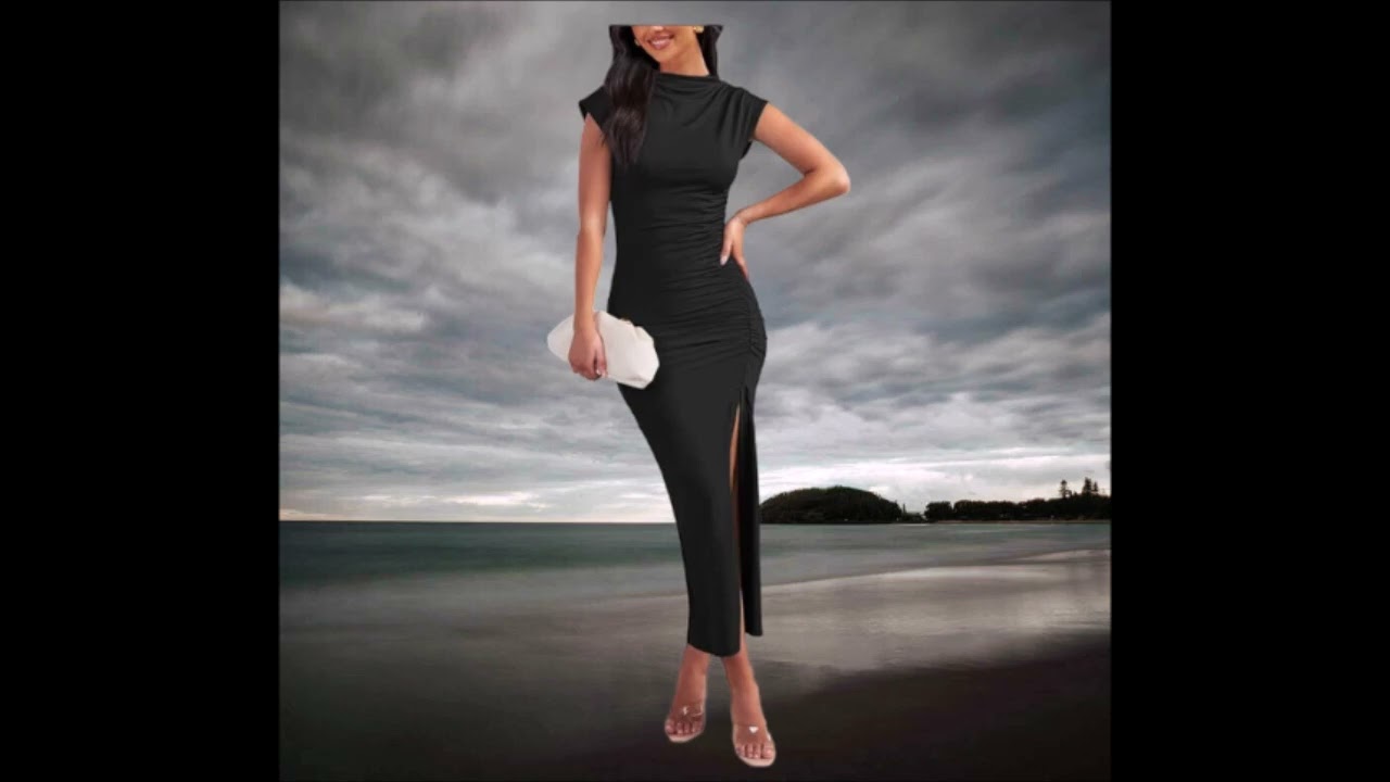 MEROKEETY Women's Cap Sleeve Mock Neck Midi Dress High Slit Bodycon Ruched Sexy Cocktail