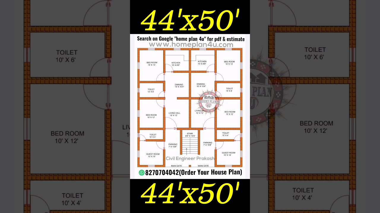 44 x 50 House Plan for 2 Family/Brothers with Two 3 BHK  