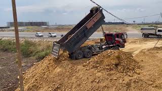 Part 3   Delete pond by 5T truck loaded with rocks next to the wall with Dozer Komatsu D31A