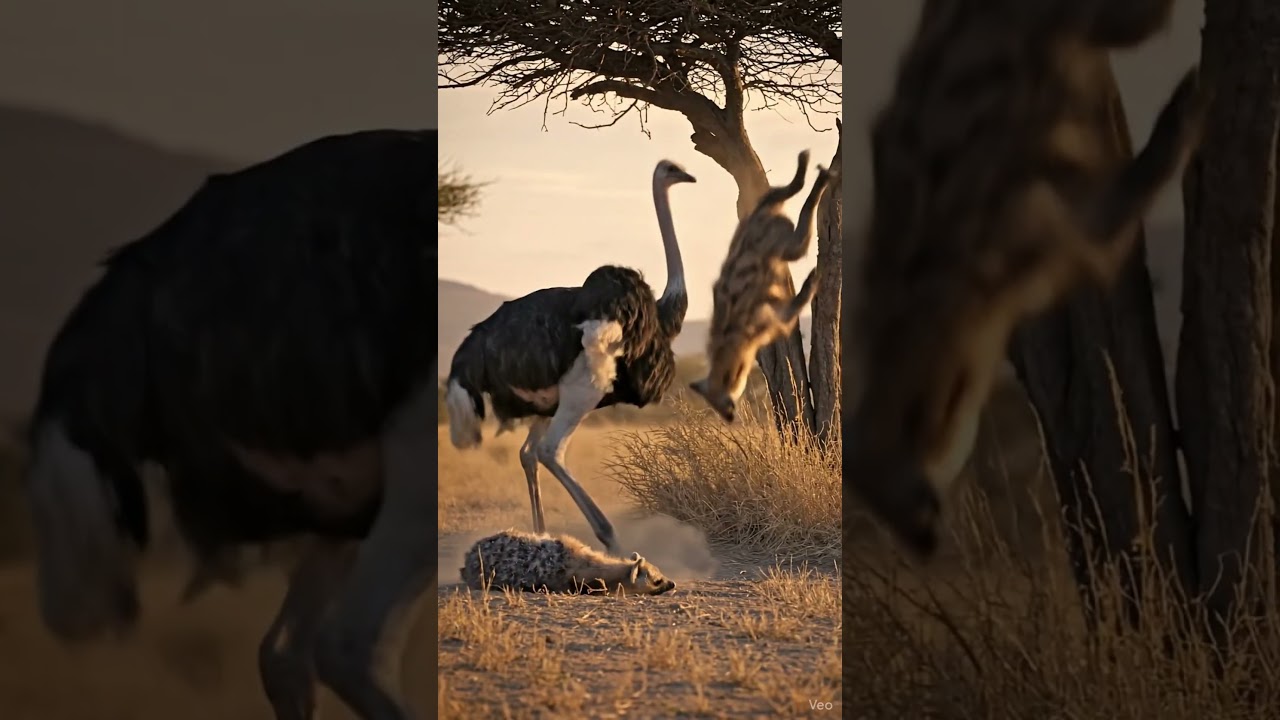 Mother Ostrich Fights Hyena to Save Chick 