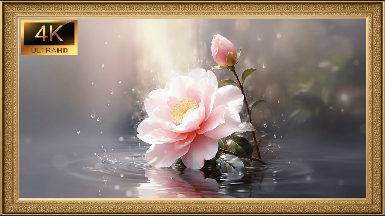 Whisper of Camellia on Water frame tv art | Golden Framed Art | 4k wallpaper