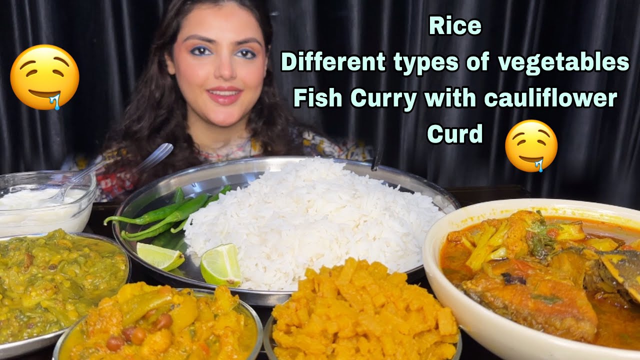 Eating Rice, Gobi Fish Curry, Different Types of Veggies, Curd | Mukbang Eating Show 