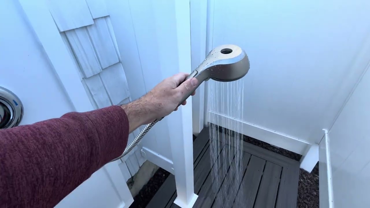 Dual shower head outdoor shower Trex floor Azek walls partition NJ