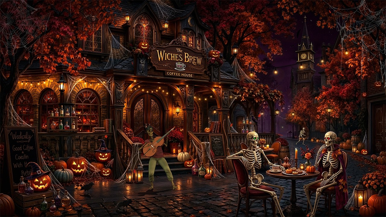 Watch 🎃🦇 Cozy Autumn Village Cafe Halloween Ambience | Scary Halloween Jazz & Crunchy Leaves, Nature Sound on YouTube Watch 🎃🦇 Cozy Autumn Village Cafe Halloween Ambience | Scary Halloween Jazz & Crunchy Leaves, Nature Sound on YouTube