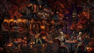 🎃🦇 Cozy Autumn Village Cafe Halloween Ambience | Scary Halloween Jazz & Crunchy Leaves, Nature Sound