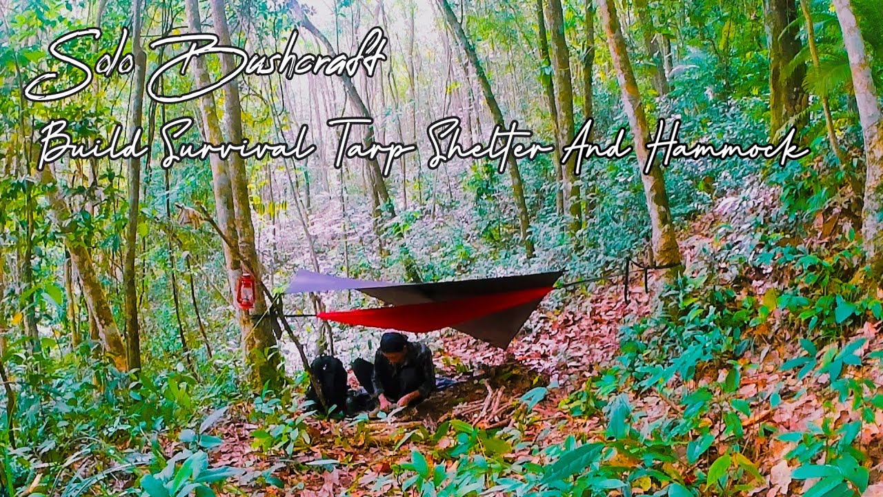 Solo Bushcraft Solo Camping Build Survival Tarp Shelter And Hammock In ...