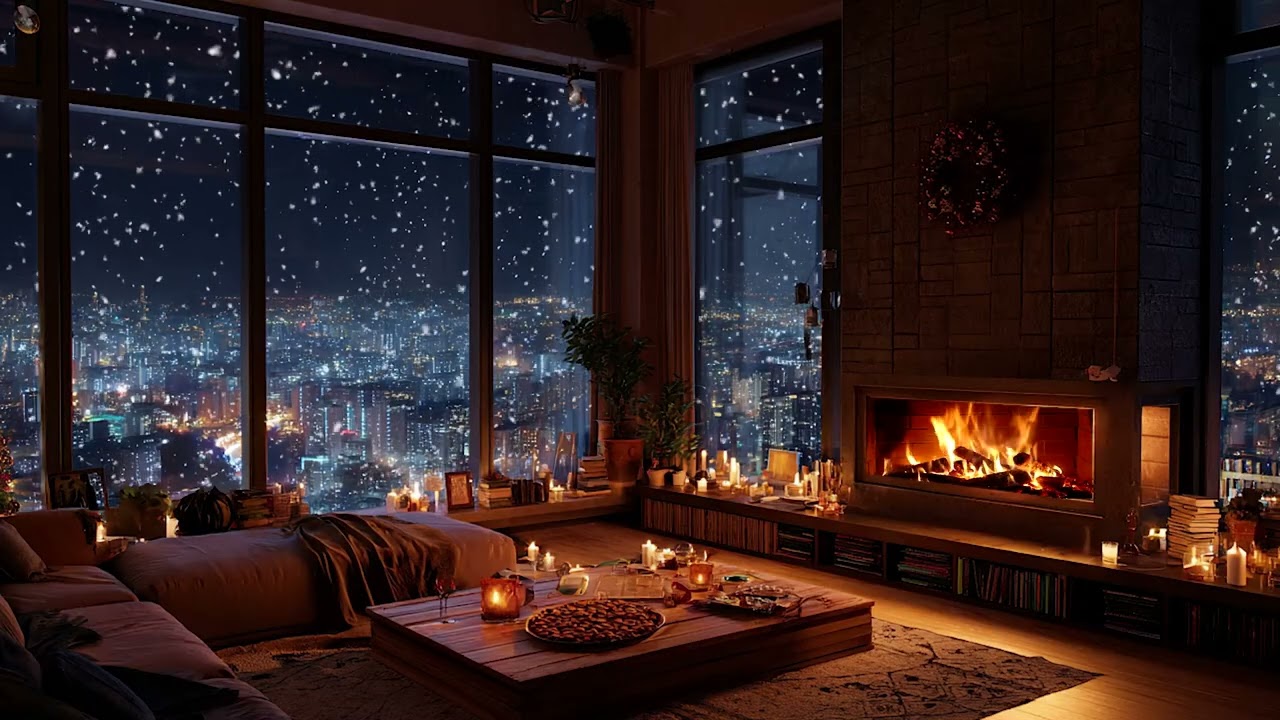 Cozy Winter Cabin Piano Night | Soft Snow Storm and Fireplace Warmth