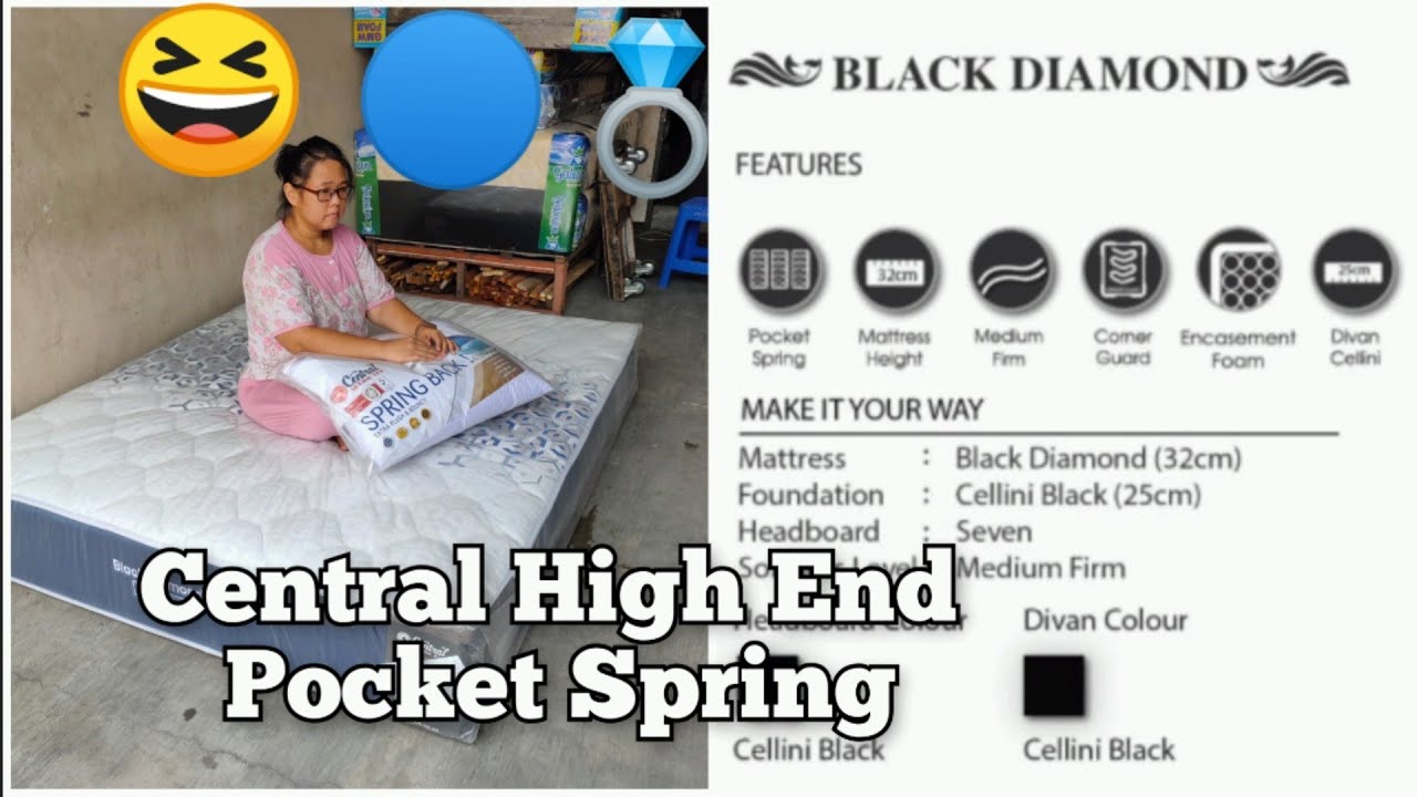Review Central Black Diamond 🔵 Kasur spring bed Pocket Medium +  Firm orthopedic 2 sisi New Blue Gel