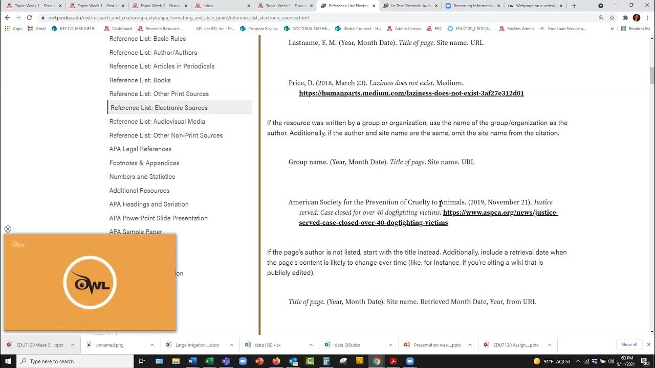 Purdue OWL for APA guidance YouTube