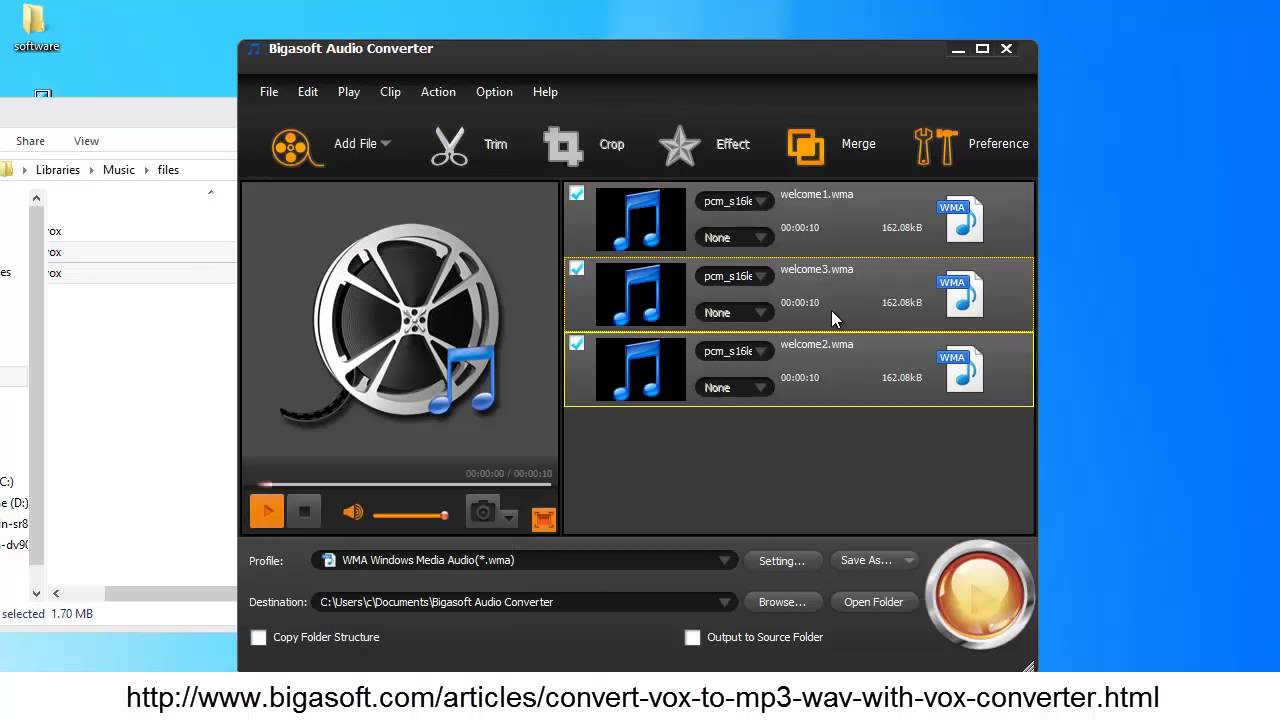 Convert VOX files to MP3, WAV, WMA, M4A - Bigasoft Audio Converter