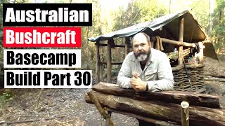 Australian Bushcraft Basecamp Build Part 30 [saw horse, moss insulation, fireplace mantle piece]