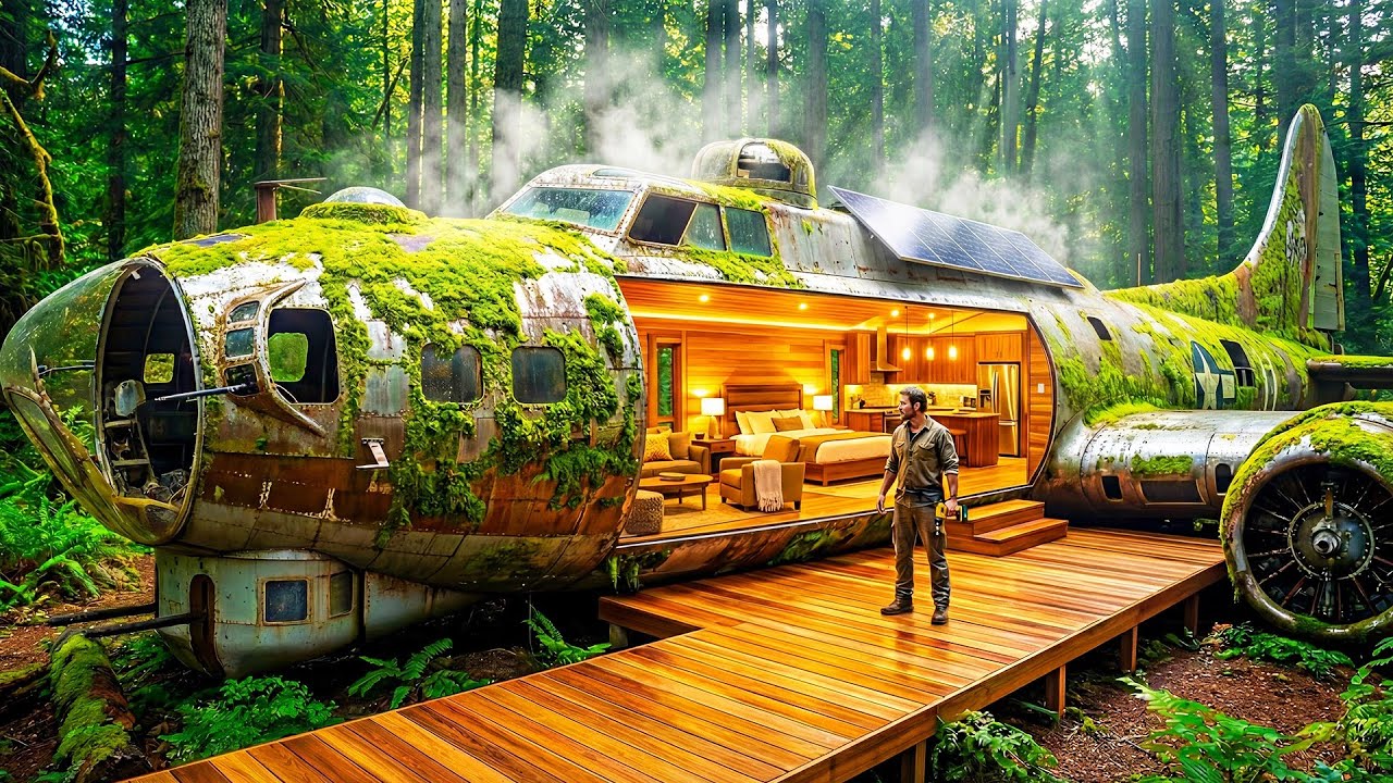 Building a house in the forest (ASMR) – This man built a secret shelter inside a WW2 airplane