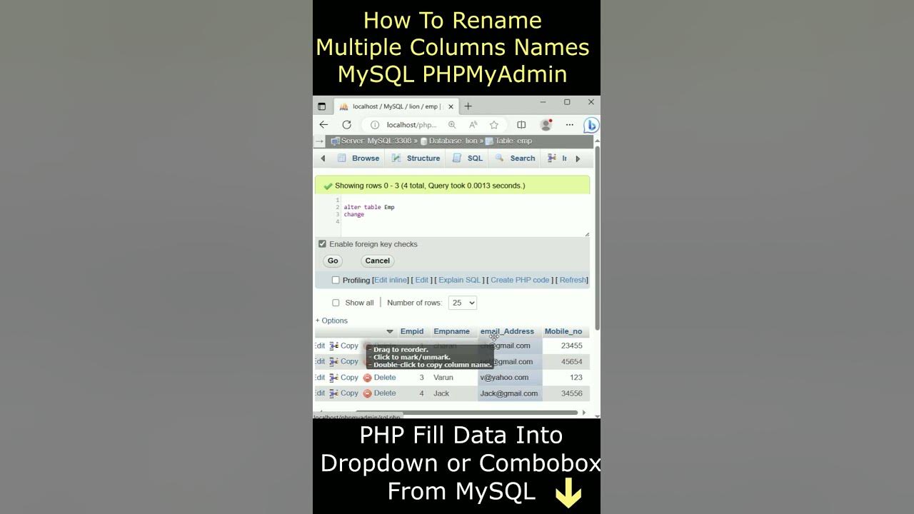 Rename mysql table multiple column names old to new phpmyadmin YouTube