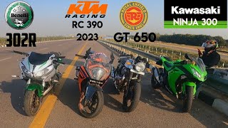 BENELLI 302R vs KTM RC 390 2023 vs ROYAL ENFIELD CONTINENTAL GT 650 vs KAWASAKI NINJA 300 ||