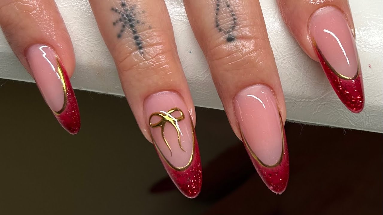 Almond Glitter French Chrome Outline Bow Acrylic Nails